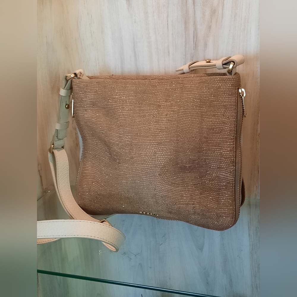 Fossil Beige & Gold Crossbody Bag 10" H × 11" W